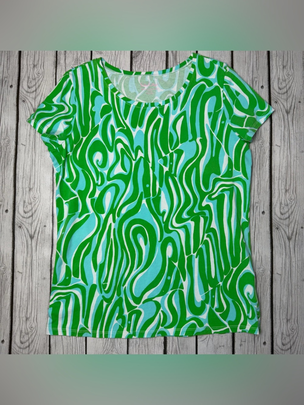 Lilly Pulitzer Women's L Karrie Crew Neck Tee Finders Keepers Green Short Sleeve
